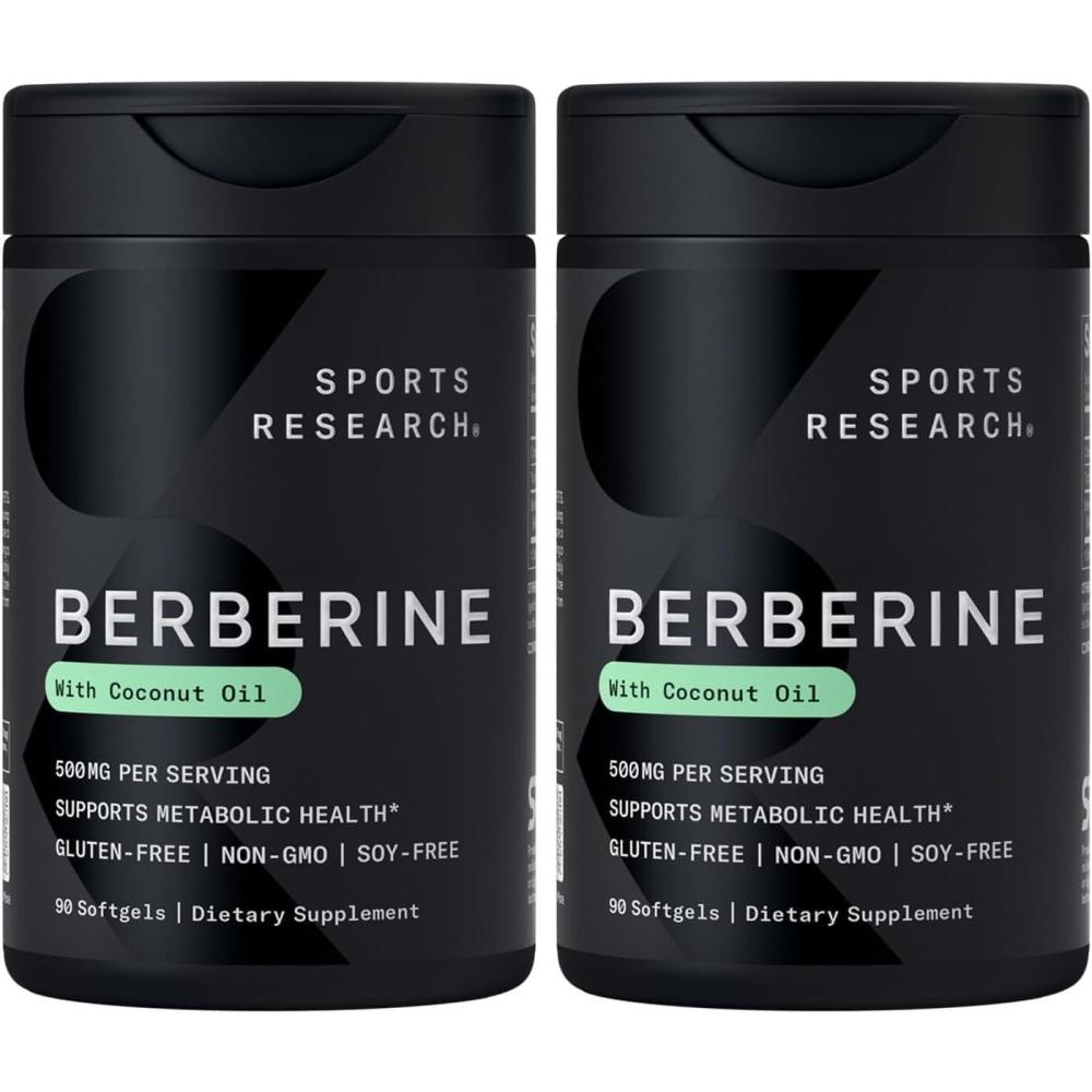 image:imageSports Research Berberine Supplement with Coconut Oil  Herbal amp Ayurvedic Metabolic Health Support  Berberine 500mg 90 Softgels  GlutenFree NonGMO Berberine Powder90 Count Pack of 2