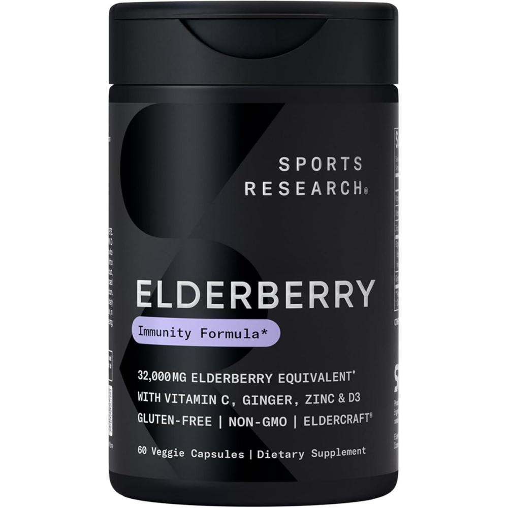 image:imageSports Research Elderberry Immune Support with Zinc Ginger Vitamin C amp D3  Vegan Friendly  NonGMO  Gluten Free  60 Veggie Capsules