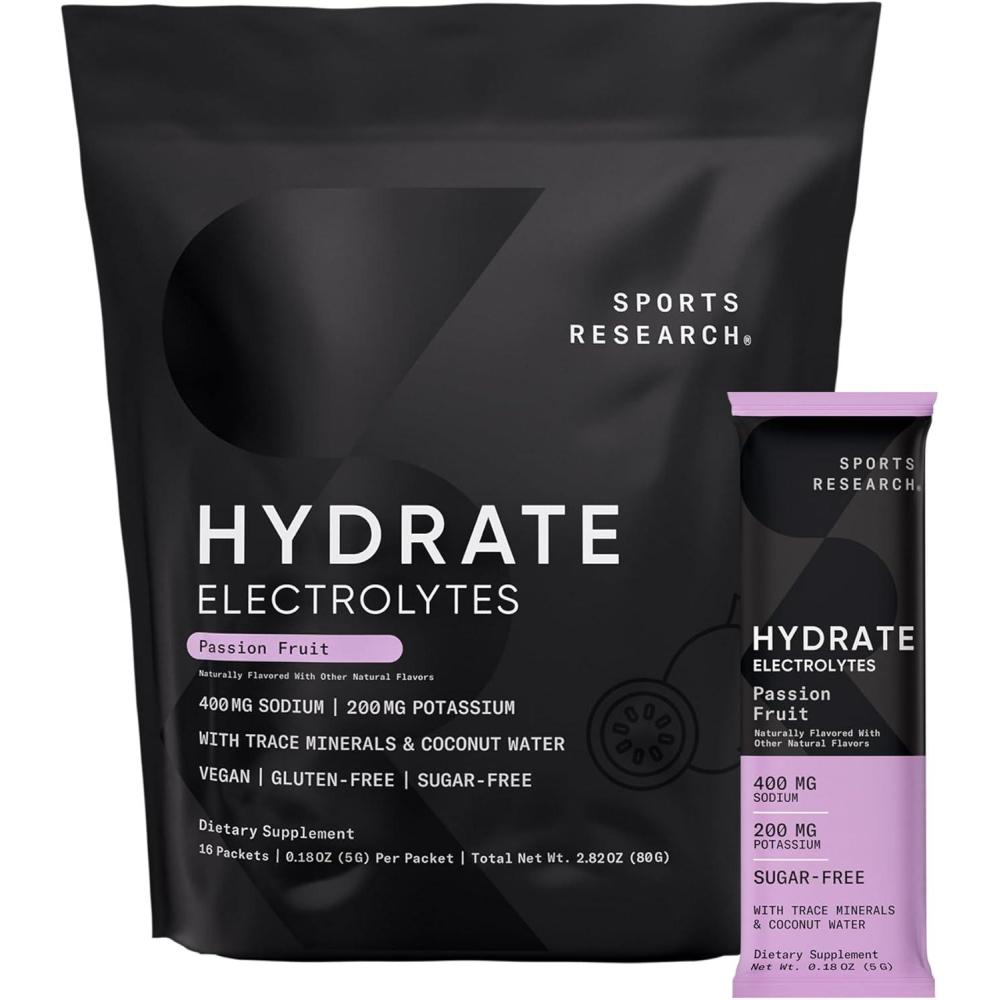 image:imageSports Research Hydrate Electrolytes Powder Packets  SugarFree amp Naturally Flavored with Vitamins Minerals and Coconut Water  Supports Hydration  16 Packets  Passion FruitPassion Fruit