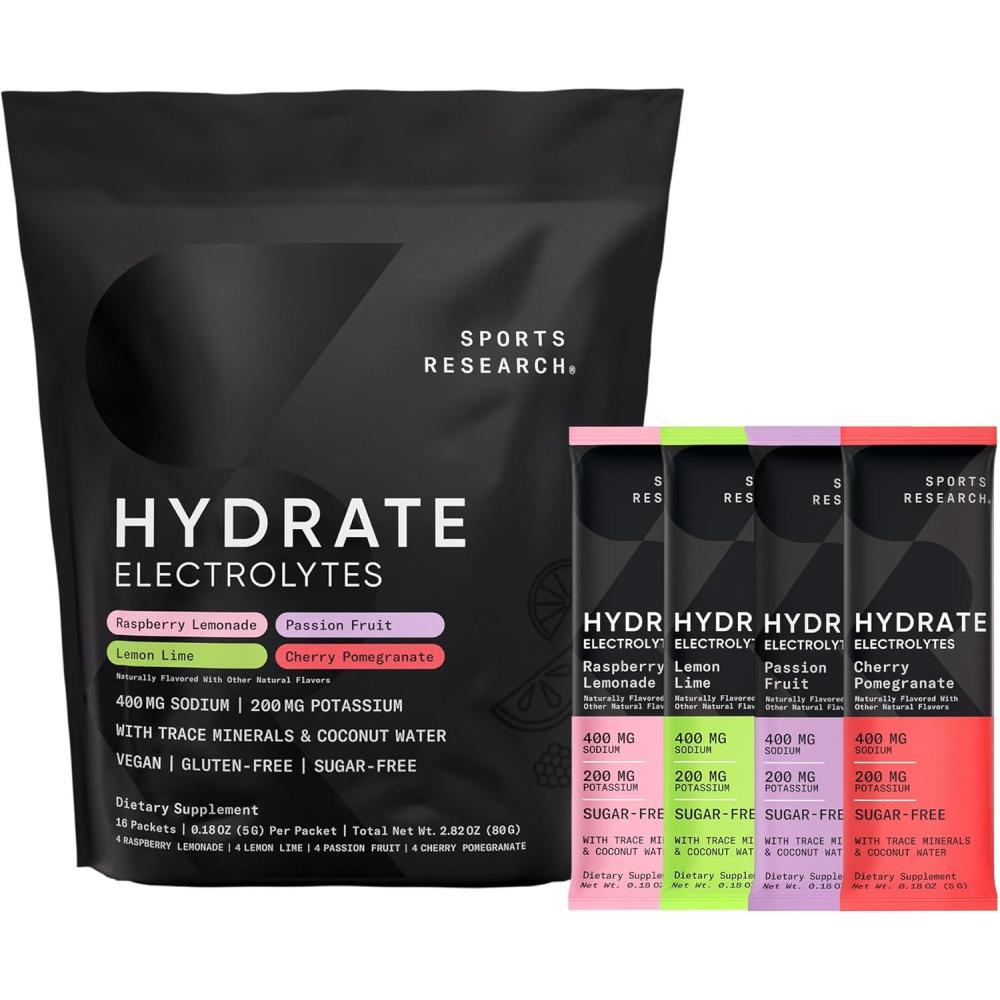 image:imageSports Research Hydrate Electrolytes Powder Packets  SugarFree amp Naturally Flavored with Vitamins Minerals and Coconut Water  Supports Hydration  16 Packets  Passion FruitVariety Pack