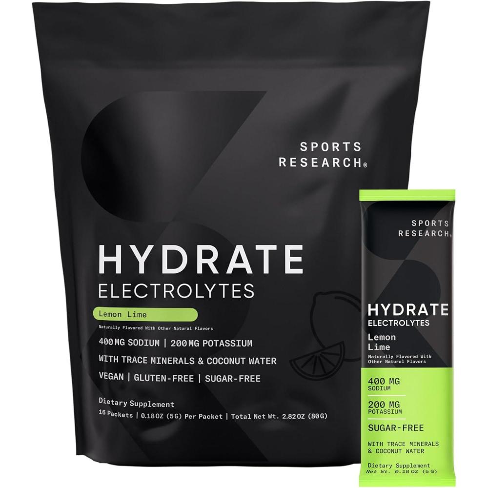 image:imageSports Research Hydrate Electrolytes Powder Packets  SugarFree amp Naturally Flavored with Vitamins Minerals and Coconut Water  Supports Hydration  16 Packets  Passion FruitLemon Lime