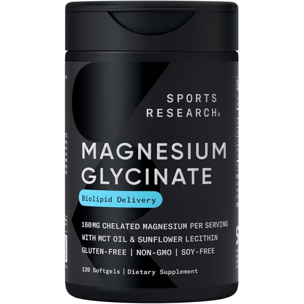 image:imageSports Research Magnesium Glycinate  Suports Restful Sleep amp Enzymatic Processes  160 mg Chelated Magnesium  Liquid Softgel  120 Count120 Count Pack of 1