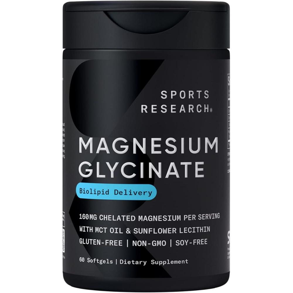 image:imageSports Research Magnesium Glycinate  Suports Restful Sleep amp Enzymatic Processes  160 mg Chelated Magnesium  Liquid Softgel  120 Count60 Count Pack of 1