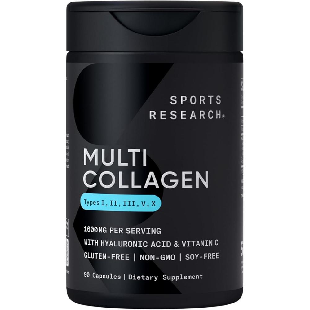 image:imageSports Research Multi Collagen Pills for Women amp Men  Collagen Peptides Type I II III V X Enhanced with Hyaluronic Acid amp Vitamin C  Gluten Free  NonGMO  90 CapsulesCollagen