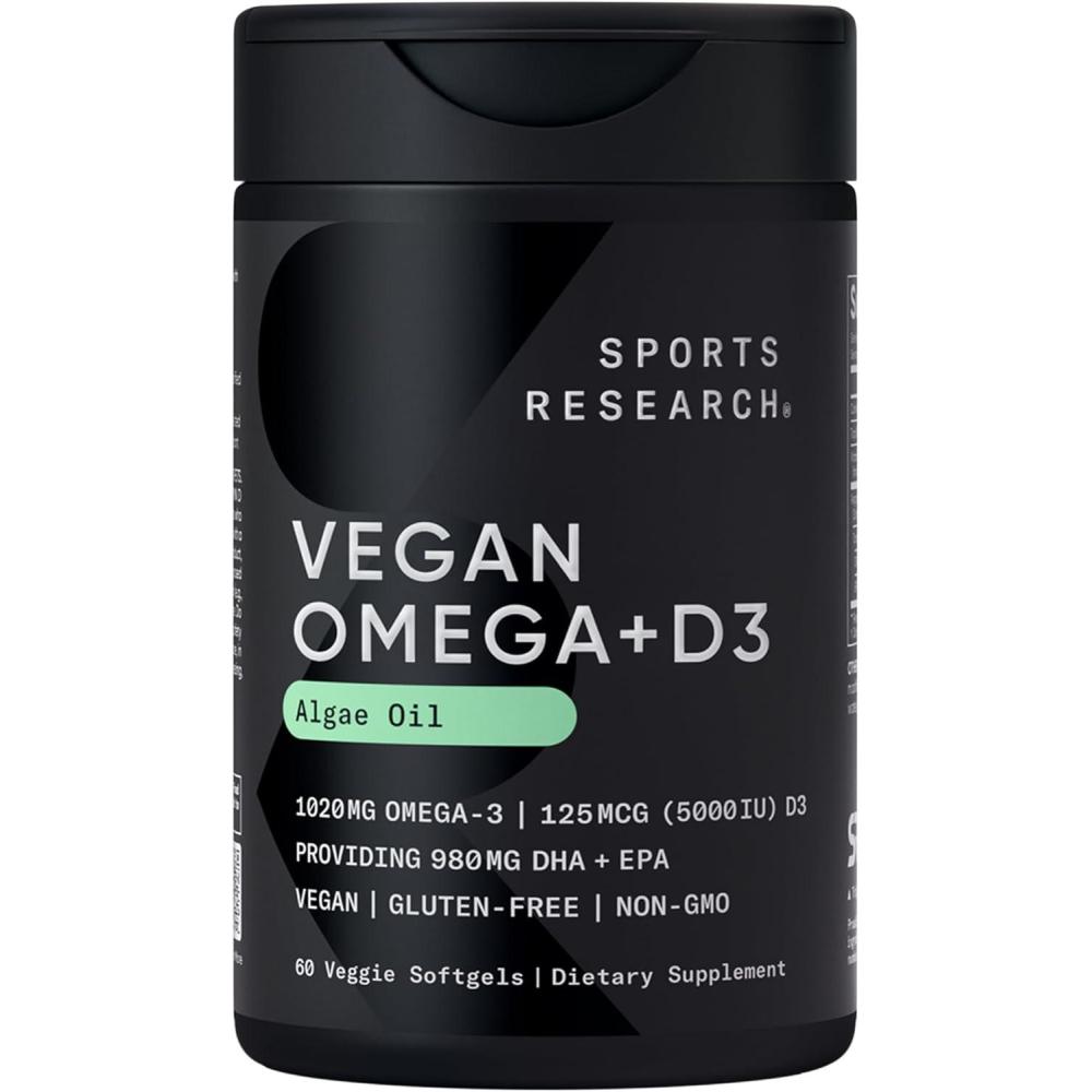 image:imageSports Research Vegan Omega3 with Vitamin D3 Softgels  1020mg Omega3 amp 5000iu D3 Supplement  Fish Oil Alternative with Vitamin D PlantBased Support from Algae Oil  60 Veggie Softgels for Adults