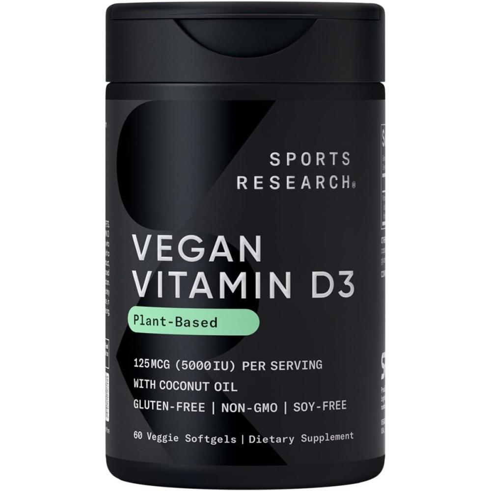 image:imageSports Research Vegan Vitamin D3 5000IU 125 mcg with Coconut Oil  100 PlantBased Vitamin D for Bone Joint amp Immune Support  Carrageenan Free Vegan Certified amp NonGMO Verified 60 Softgels