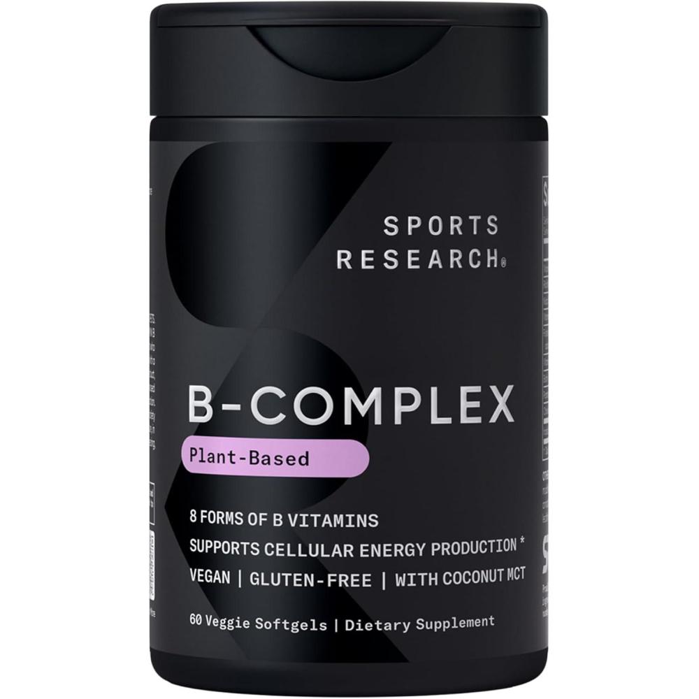 image:imageSports Research Vitamin BComplex  Full Spectrum of B Vitamins with Methylated B12 amp Folate  Gluten Free  PlantBased  NonGMO  VeganFriendly Formula  120 Veggie Softgels60 Count Pack of 1