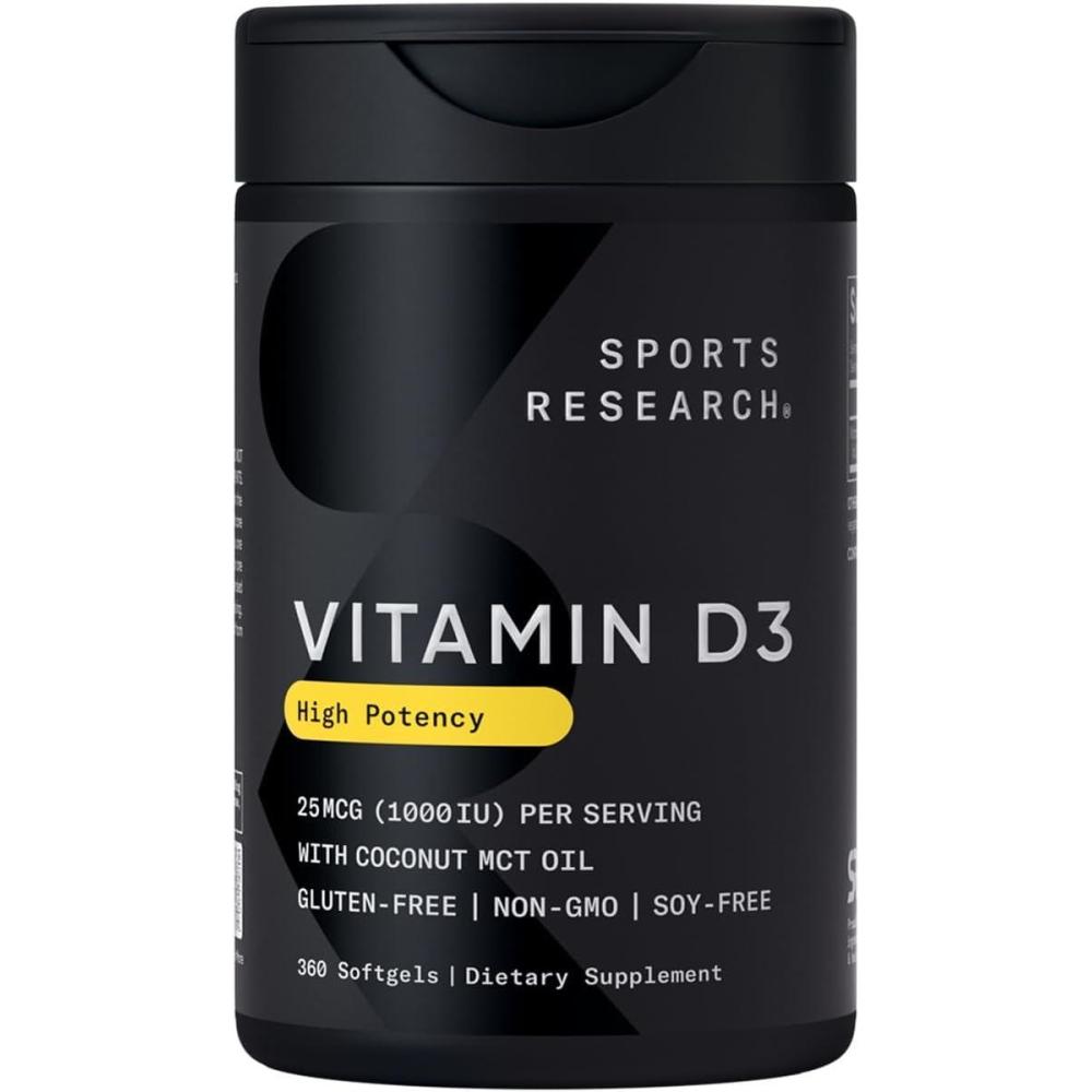 image:imageSports Research Vitamin D3 1000 IU with Coconut MCT Oil  High Potency Vitamin D Supplement for Immune amp Bone Support  Gluten Free  NonGMO  Soy Free  360 Count Softgels360 Count Pack of 1