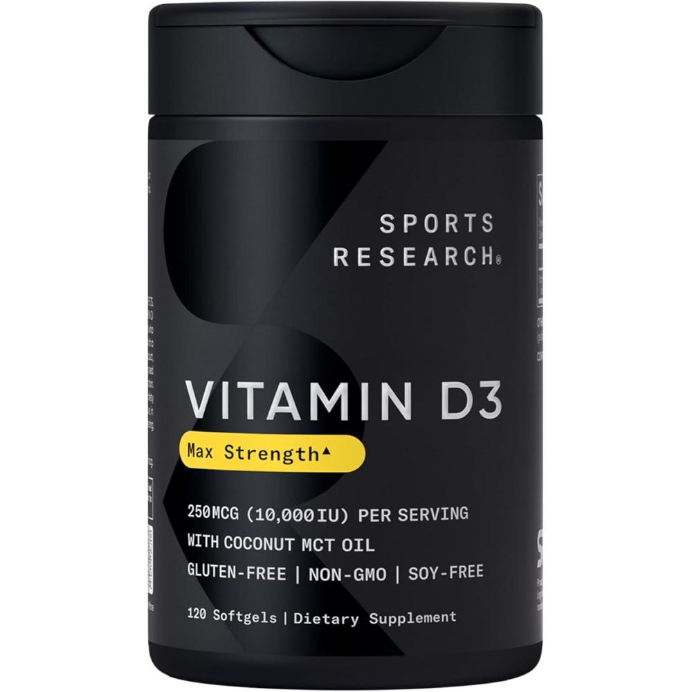 image:imageSports Research Vitamin D3 1000 IU with Coconut MCT Oil  High Potency Vitamin D Supplement for Immune amp Bone Support  Gluten Free  NonGMO  Soy Free  360 Count Softgels120 Count Pack of 1
