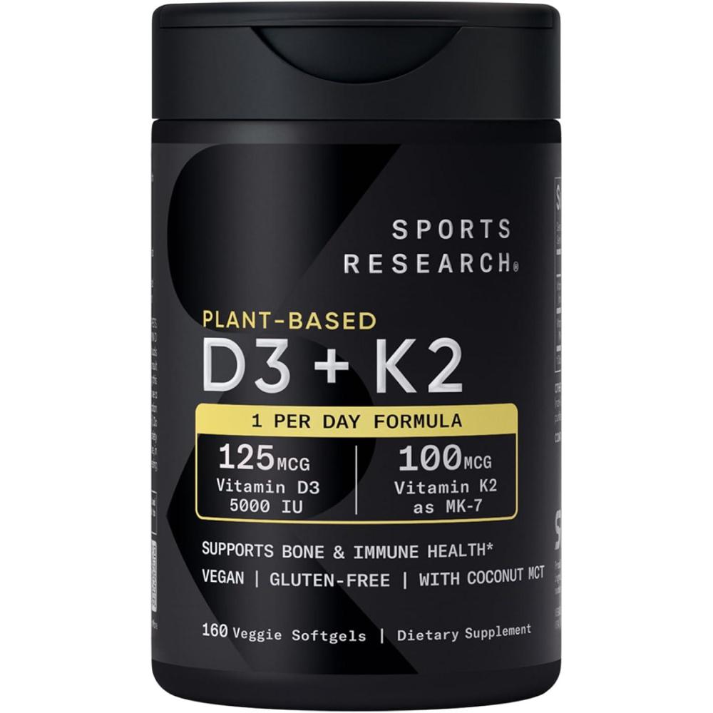 image:imageSports Research Vitamin D3 K2 with 5000iu of PlantBased D3 amp 100mcg of Vitamin K2 as MK7 NonGMO Verified amp Vegan Certified  160 Liquid Softgels