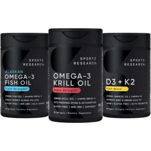 Sports Research Antarctic Krill Oil Omega 3 1000mg (Double Strength) with Phospholipids, Choline & Astaxanthin, Triple Strength Omega 3 Fish Oil Single-Source Wild Alaska Pollock 1250mg, Vitamin D3 K2