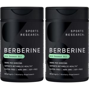 Sports Research Berberine Supplement with Coconut Oil – Herbal & Ayurvedic Metabolic Health Support – Berberine 500mg, 90 Softgels – Gluten-Free, Non-GMO Berberine Powder(90 Count (Pack of 2))