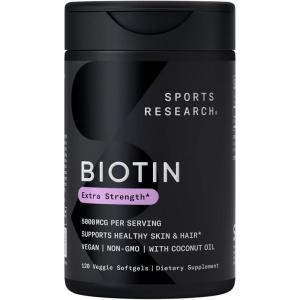 Sports Research® Biotin 10,000mcg with Organic Coconut Oil – Biotin (Vitamin B7) for Healthy Skin and Hair Support* – for Women and Men – Vegan, Non-GMO, Gluten & Soy-Free – 120 Veggie Softgels(5 000mcg)