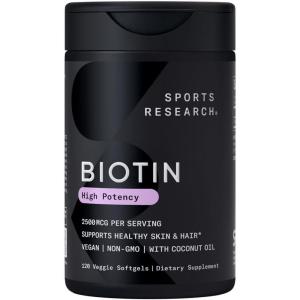Sports Research® Biotin 10,000mcg with Organic Coconut Oil – Biotin (Vitamin B7) for Healthy Skin and Hair Support* – for Women and Men – Vegan, Non-GMO, Gluten & Soy-Free – 120 Veggie Softgels(2 500mcg)