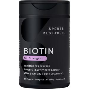 Sports Research® Biotin 10,000mcg with Organic Coconut Oil – Biotin (Vitamin B7) for Healthy Skin and Hair Support* – for Women and Men – Vegan, Non-GMO, Gluten & Soy-Free – 120 Veggie Softgels(10 000mcg)