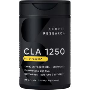 Sports Research CLA – 1250mg with Active Conjugated Linoleic Acid for Men and Women | Non-GMO, Soy & Gluten Free – 95% (180 Softgels)…(180 Count (Pack of 1))