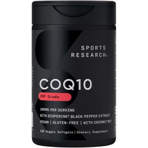 Sports Research CoQ10 (100mg) Enhanced w/Coconut Oil & Bioperine (Black Pepper) for Better Absorption | Vegan Certified, Non-GMO Verified (120 Veggie Softgels)(120 Count (Pack of 1))