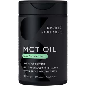 Sports Research® Coconut MCT Oil 3000mg – Keto Brain & Body Fuel – C8 + C10 MCT Oil from Coconut · Keto · Non-GMO – Gluten Free – 240 Softgels(120 Count (Pack of 1))