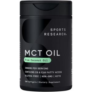 Sports Research® Coconut MCT Oil 3000mg – Keto Brain & Body Fuel – C8 + C10 MCT Oil from Coconut · Keto · Non-GMO – Gluten Free – 240 Softgels(240 Count (Pack of 1))