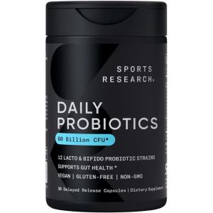 Sports Research Daily Probiotics with Prebiotics, 60 Billion CFU – Vegan Capsules for Gut Health & Digestive Support, Probiotics for Women & Men – Non-GMO Verified & Gluten Free – 30 Count