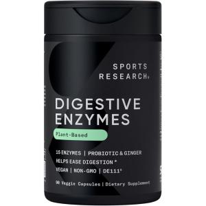 Sports Research Digestive Enzymes with Probiotics & Ginger – Plant Based for Dairy, Protein, Sugar & Carbs – Non-GMO Verified & Vegan Friendly (90 Veggie Capsules)