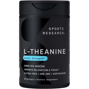 Sports Research Double Strength L-Theanine Supplement – Suntheanine Softgels for Focus, Relaxation & Alertness – Non-Drowsy Support Made with Coconut Oil, Non-GMO & Gluten Free – 200mg, 60 Count(L-theanine)
