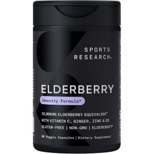 Sports Research® Elderberry Immune Support with Zinc, Ginger, Vitamin C & D3 – Vegan Friendly · Non-GMO · Gluten Free – 60 Veggie Capsules