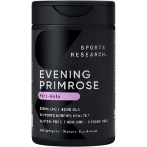 Sports Research Evening Primrose Supplement from Cold Pressed Oil – Softgels for Women’s Health & Skin Health – Gluten Free & Non-GMO GLA – High Potency 1300mg, 120 Count(240 Count (Pack of 1))