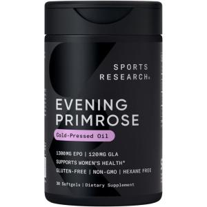 Sports Research Evening Primrose Supplement from Cold Pressed Oil – Softgels for Women’s Health & Skin Health – Gluten Free & Non-GMO GLA – High Potency 1300mg, 120 Count(30 Count (Pack of 1))