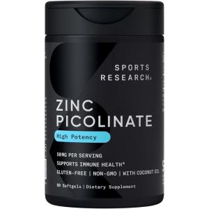 Sports Research High Potency Zinc Picolinate 30mg with Organic Coconut Oil | Highly Absorbable Zinc Supplement for Healthy Immune & Enzyme Function – Non-GMO Tested & Gluten-Free (90 Liquid Softgels)(60 Count (Pack of 1))