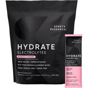 Sports Research Hydrate Electrolytes Powder Packets – Sugar-Free & Naturally Flavored with Vitamins, Minerals, and Coconut Water – Supports Hydration – 16 Packets – Passion Fruit(Raspberry Lemonade)