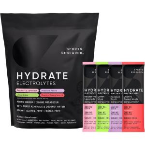 Sports Research Hydrate Electrolytes Powder Packets – Sugar-Free & Naturally Flavored with Vitamins, Minerals, and Coconut Water – Supports Hydration – 16 Packets – Passion Fruit(Variety Pack)