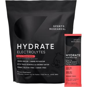 Sports Research Hydrate Electrolytes Powder Packets – Sugar-Free & Naturally Flavored with Vitamins, Minerals, and Coconut Water – Supports Hydration – 16 Packets – Passion Fruit(Cherry Pomegranate)
