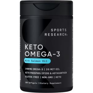 Sports Research Keto Omega Fish Oil with Wild Sockeye Salmon, Antarctic Krill Oil, Astaxanthin & Coconut MCT Oil – 1200mg of EPA & DHA per Serving | Keto Certified & Non-GMO Verified (120 Softgels)