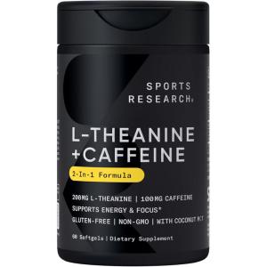 Sports Research L-Theanine Supplement with Caffeine & Coconut MCT Oil – Focused Energy, Alertness & Relaxation Without Drowsiness – 200mg L Theanine, 100mg Organic Caffeine – 60 Liquid Softgels