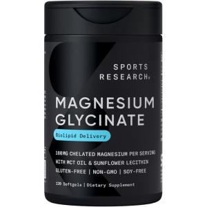 Sports Research® Magnesium Glycinate – Suports Restful Sleep & Enzymatic Processes – 160 mg Chelated Magnesium – Liquid Softgel – 120 Count(120 Count (Pack of 1))