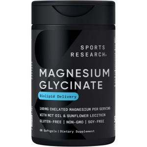 Sports Research® Magnesium Glycinate – Suports Restful Sleep & Enzymatic Processes – 160 mg Chelated Magnesium – Liquid Softgel – 120 Count(60 Count (Pack of 1))