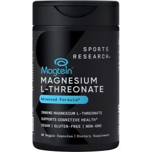 Sports Research® Magnesium L-Threonate Capsules 2000mg – High-Absorption Magtein® for Enhanced Brain Health, Memory, Focus & Restful Sleep Support – Vegan · Non-GMO · Gluten Free – 90 Count(90 Count (Pack of 1))
