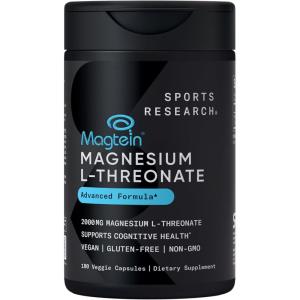 Sports Research® Magnesium L-Threonate Capsules 2000mg – High-Absorption Magtein® for Enhanced Brain Health, Memory, Focus & Restful Sleep Support – Vegan · Non-GMO · Gluten Free – 90 Count(180 Count (Pack of 1))