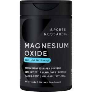 Sports Research® Magnesium Oxide 420mg with Coconut MCT Oil – Magnesium Supplement for Muscle, Nerve, and Bone Support* – Gluten-Free, Non-GMO – 90 Softgels