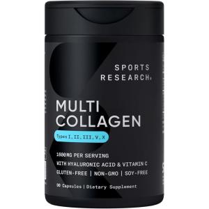 Sports Research® Multi Collagen Pills for Women & Men – Collagen Peptides (Type I, II, III, V, X) Enhanced with Hyaluronic Acid & Vitamin C – Gluten Free ­· Non-GMO – 90 Capsules(Collagen)