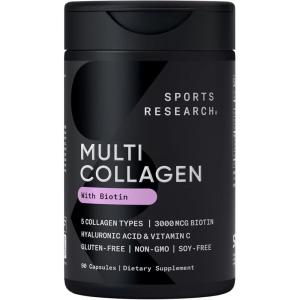 Sports Research® Multi Collagen Pills for Women & Men – Collagen Peptides (Type I, II, III, V, X) Enhanced with Hyaluronic Acid & Vitamin C – Gluten Free ­· Non-GMO – 90 Capsules(Collagen with Biotin)