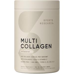 Sports Research® Multi Collagen Protein Powder – Food Sourced Collagen Peptides (Type I, II, III, V, X) with Hyaluronic Acid + Vitamin C – Gluten Free · Non-GMO · 30 Servings (Unflavored)(Unflavored)