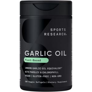 Sports Research® Odorless Garlic Oil Pills (1000mg) with Parsley & Chlorophyll – Vegan Certified · Non-GMO · Gluten Free – 150 Plantgel Capsules(150 Count (Pack of 1))