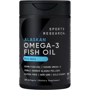 Sports Research® Omega-3 ­­Fish Oil Mini-Softgels – Sourced from Wild Caught Alaska Pollock – Burpless, Bovine Free, Non-GMO, & MSC Certified Sustainable – 120 Count(120 Count (Pack of 1))