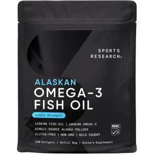 Sports Research® Omega-3 ­­Fish Oil Mini-Softgels – Sourced from Wild Caught Alaska Pollock – Burpless, Bovine Free, Non-GMO, & MSC Certified Sustainable – 120 Count(240 Count (Pack of 1))