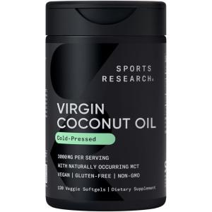 Sports Research® Organic Coconut Oil Capsules 3000MG – Cold Pressed Extra Virgin Coconut Oil with Medium Chain Triglycerides (MCTs) – Vegan Friendly & Non-GMO Verified – 120 Softgels