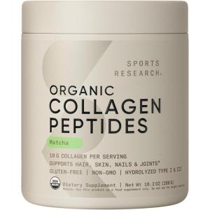 Sports Research Organic Collagen Peptides – Hydrolyzed Type I & III Collagen – Sustainable & Traceable Formula – Chocolate – 30 Servings(Matcha Green Tea)