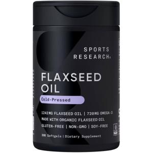 Sports Research Organic Flaxseed Oil Softgels 1242mg – Plant Based Omega 3 Supplement with 720mg ALA for Women & Men – Non-GMO, Soy & Gluten Free (200 Count)(200 Count (Pack of 1))