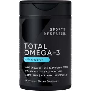 Sports Research® Total Omega-3 Fish Oil 2200mg – Made from Antarctic Krill w/Astaxanthin, Wild Sockeye Salmon & Alaska Pollock – 960mg of EPA & DHA – 120 Softgels